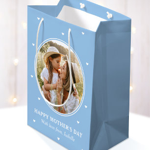 Personalized Mother's Day Photos Cute Blue White Medium Gift Bag