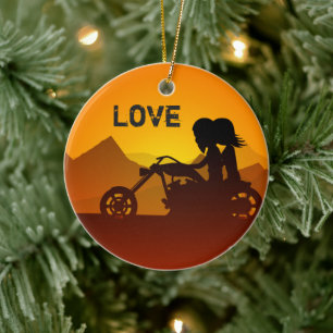 Personalized Motorcycle Couple at Sunset LOVE Ceramic Tree Decoration