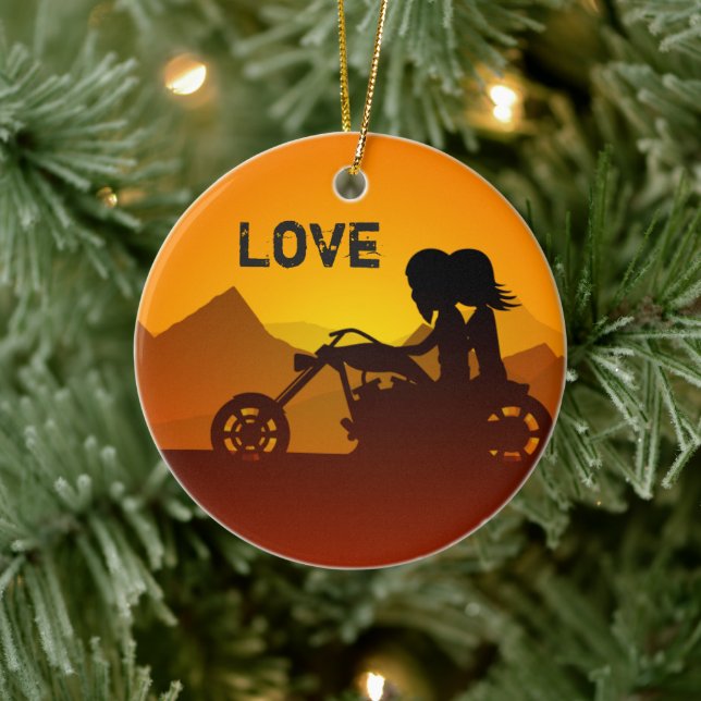 Personalized Motorcycle Couple at Sunset LOVE Ceramic Tree Decoration (Tree)