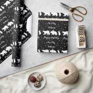 Personalized Mr & Mrs Cute Polar Bear Family Black Wrapping Paper