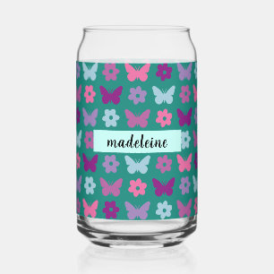Personalized Multicolor Florals & Butterflies Can Glass