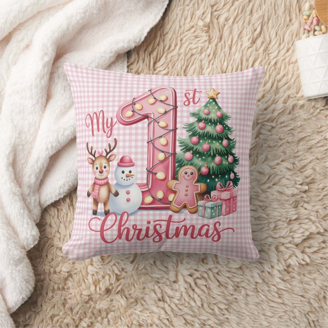 Personalized My 1st Christmas Pink & White Checker Cushion (Blanket)