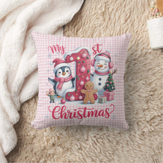 Personalized My 1st Christmas Pink & White Checker Cushion