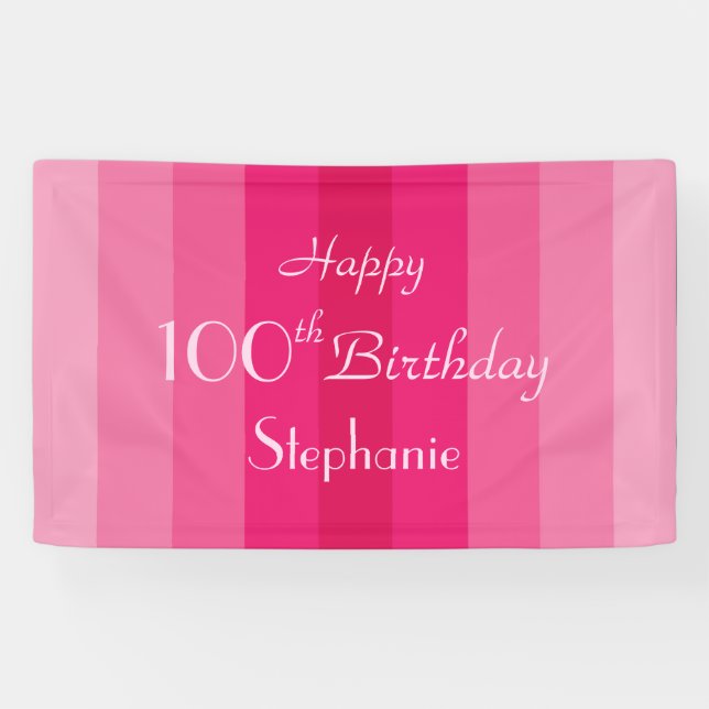 Personalized Name 100th Birthday Pink Stripes Banner (Horizontal)