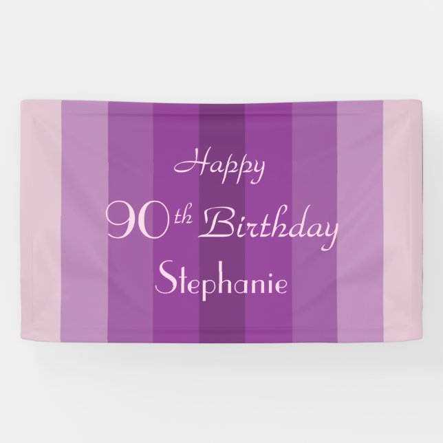 Personalized Name 90th Birthday Purple Stripes Banner (Horizontal)