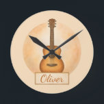Personalized Name Acoustic Guitar For Music Lovers Round Clock<br><div class="desc">A beautiful watercolor acoustic guitar design that can be personalized with any name. Perfect for guitar players,  music lovers,  band members,  or anyone who enjoys artistic musical designs. A thoughtful gift for guitar teachers,  musicians,  music students,  or your favorite guitar team—ideal for birthdays,  recitals,  or everyday inspiration.</div>