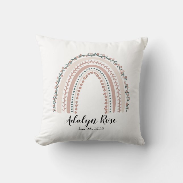 Personalized Name and Date Boho Rainbow Pillow (Front)