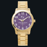 Personalized name and Monogram White And Purple Watch<br><div class="desc">Boho minimal simple White And Purple Floral Monogram Watch – A beautifully designed personalized watch that blends bohemian charm with timeless elegance. Featuring delicate floral accents and a stylish monogram, this watch is perfect for couples celebrating love, weddings, anniversaries, or engagements. Customize it with your names, initials, and a special...</div>