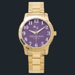 Personalized name and Monogram White And Purple Watch<br><div class="desc">Boho minimal simple White And Purple Floral Monogram Watch – A beautifully designed personalized watch that blends bohemian charm with timeless elegance. Featuring delicate floral accents and a stylish monogram, this watch is perfect for couples celebrating love, weddings, anniversaries, or engagements. Customize it with your names, initials, and a special...</div>