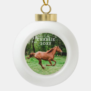 Personalized Name and Year Horse Photo Ceramic Ball Christmas Ornament
