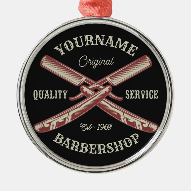 Personalized NAME Barber Straight Razor Barbershop Metal Tree Decoration (Front)