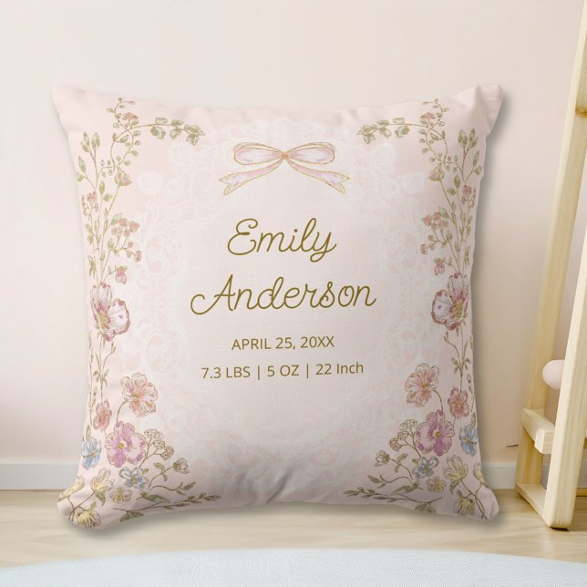 Personalized Name Birth Stats Watercolor Floral Cushion (In situ)