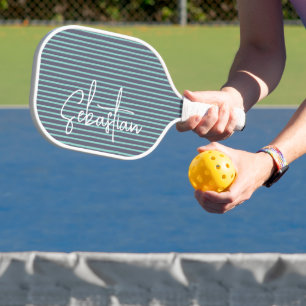 Personalized Name Blue Green Striped Pickleball Paddle