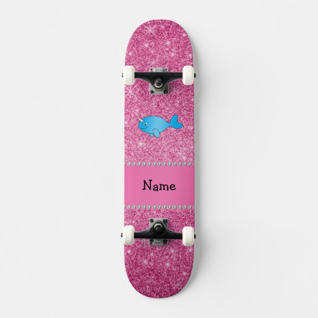 Personalized name blue narwhal pink glitter skateboard (Front)