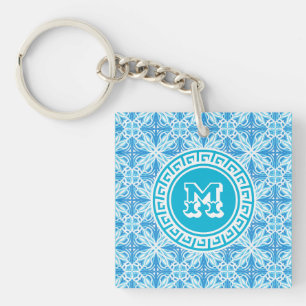 Personalized Name Blue Trellis Print White Text Key Ring