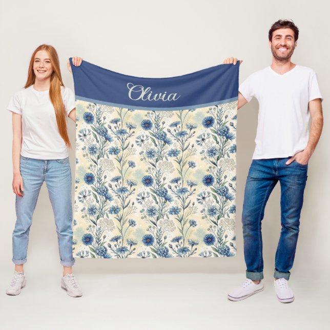 Personalized Name Blue Wildflowers Fleece Blanket (In Situ)
