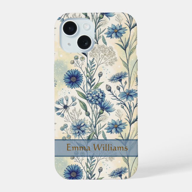 Personalized Name Blue Wildflowers iPhone 15 Case (Back)