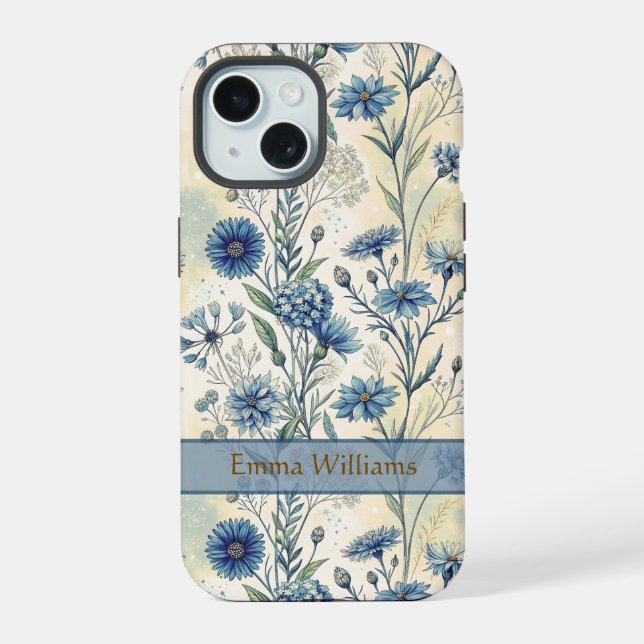 Personalized Name Blue Wildflowers iPhone 15 Case (Back)