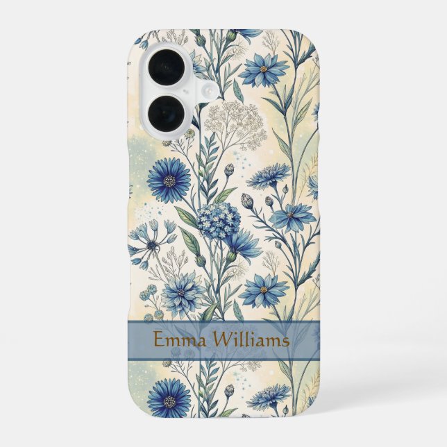 Personalized Name Blue Wildflowers iPhone 16 Case (Back)