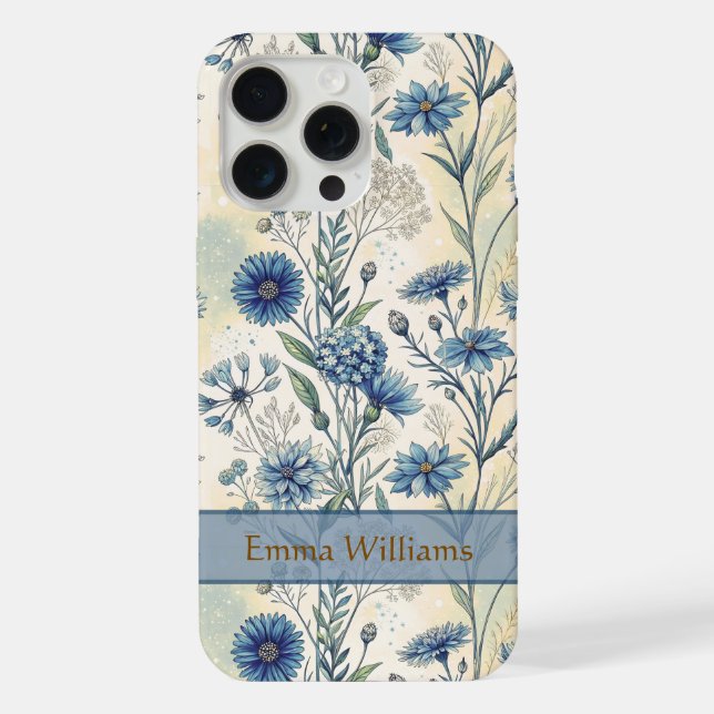 Personalized Name Blue Wildflowers iPhone Case (Back)