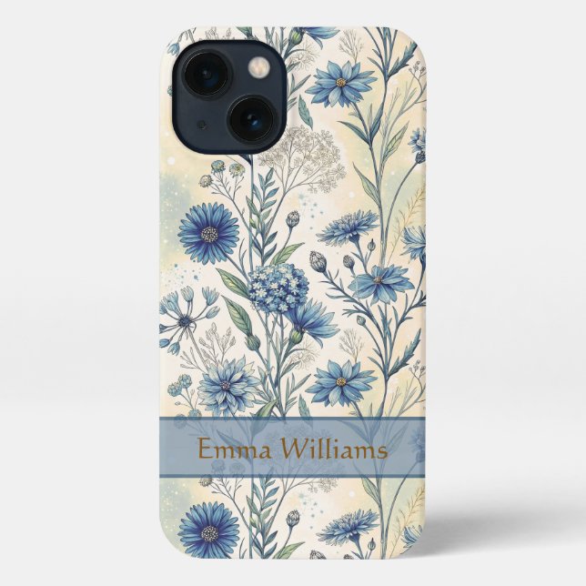 Personalized Name Blue Wildflowers iPhone Case (Back)