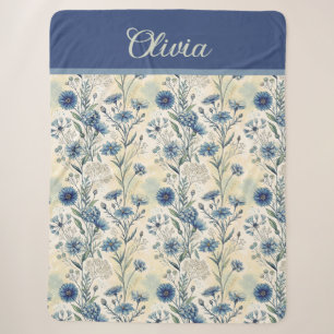 Personalized Name Blue Wildflowers Sherpa Blanket