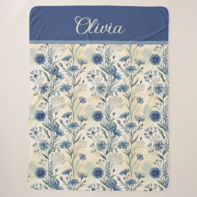 Personalized Name Blue Wildflowers Sherpa Blanket (Front)