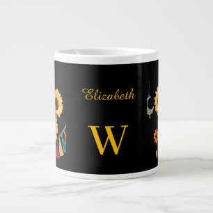 Personalized Name Boho Floral Sunflower Black Large Coffee Mug