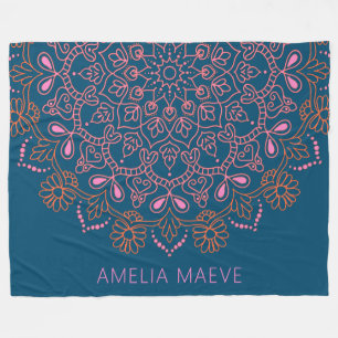 Personalized Name Boho Mandala Floral Blue Pink  Fleece Blanket