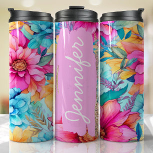 Personalized Name Bright Pink Floral Unique Gift Thermal Tumbler