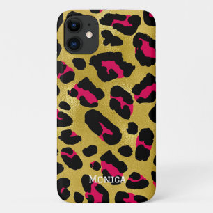 Personalized Name Chic Gold Glitter Black Leopard  iPhone 11 Case