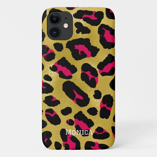 Personalized Name Chic Gold Glitter Black Leopard  Case-Mate iPhone Case (Back)