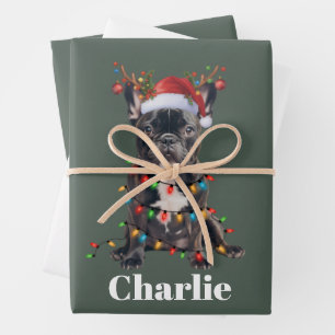 Personalized Name Christmas French Bulldog Dog  Wrapping Paper Sheet