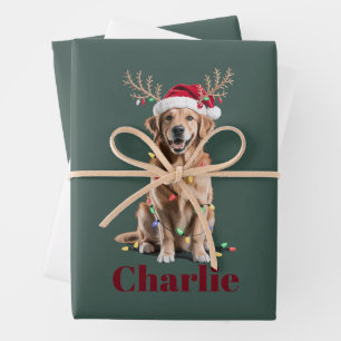 Personalized Name Christmas Golden Retriever Dog Wrapping Paper Sheet