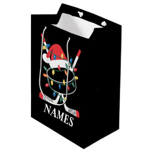 Personalized Name Christmas Hockey Xmas Santa Hat Medium Gift Bag