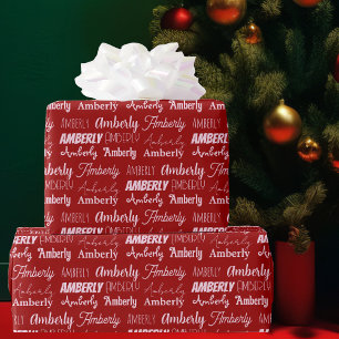 Personalized Name Collage Red Typography Christmas Wrapping Paper