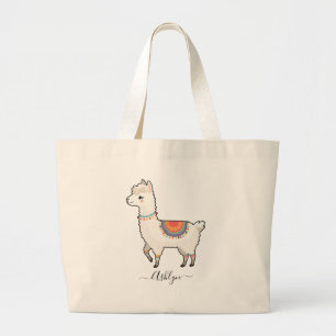 Personalized Name Cute Rainbow Llama Large Tote Bag