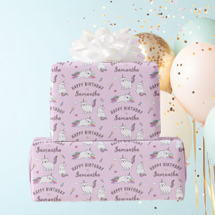 Personalized Name Cute Unicorn Cat Birthday Wrapping Paper