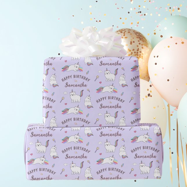 Personalized Name Cute Unicorn Cat Birthday Wrapping Paper (Personalized Name Cute Unicorn Cat Birthday Wrapping Paper)