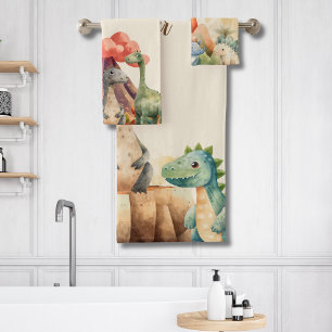 Personalized Name Cute Watercolor Dinosaur  Bath Towel Set