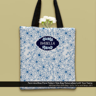 Personalized Name Feminine Blue Floral Pattern Tote Bag