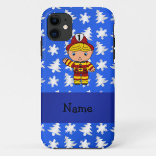 Personalized name fireman blue snowflakes trees iPhone 11 case