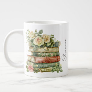 Personalized Name Floral Book Lover Large Coffee Mug
