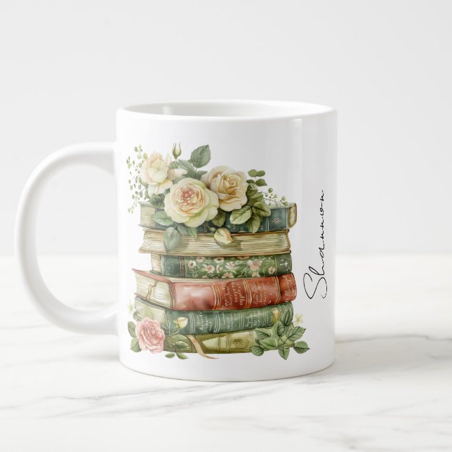 Personalized Name Floral Book Lover Large Coffee Mug (Left)