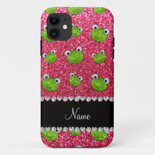 Personalized name fuchsia pink glitter frogs iPhone 11 case