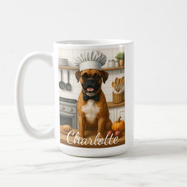 Personalized Name Funny Boxer Dog Loving Chef Coffee Mug (Left)