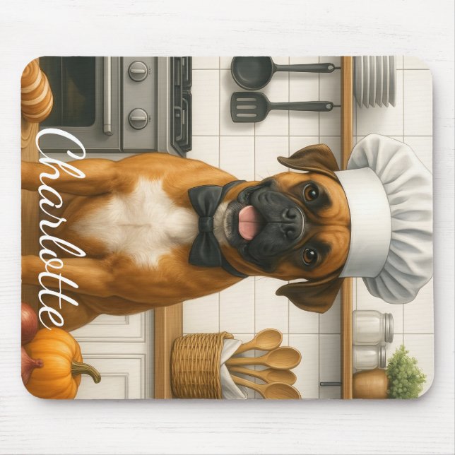 Personalized Name Funny Boxer Dog Loving Chef Mouse Mat (Front)