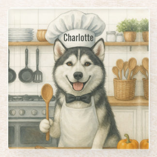 Personalized Name Funny Siberian Husky Dog Chef Glass Coaster