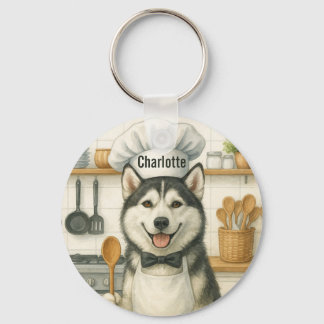 Personalized Name Funny Siberian Husky Dog Chef Key Ring