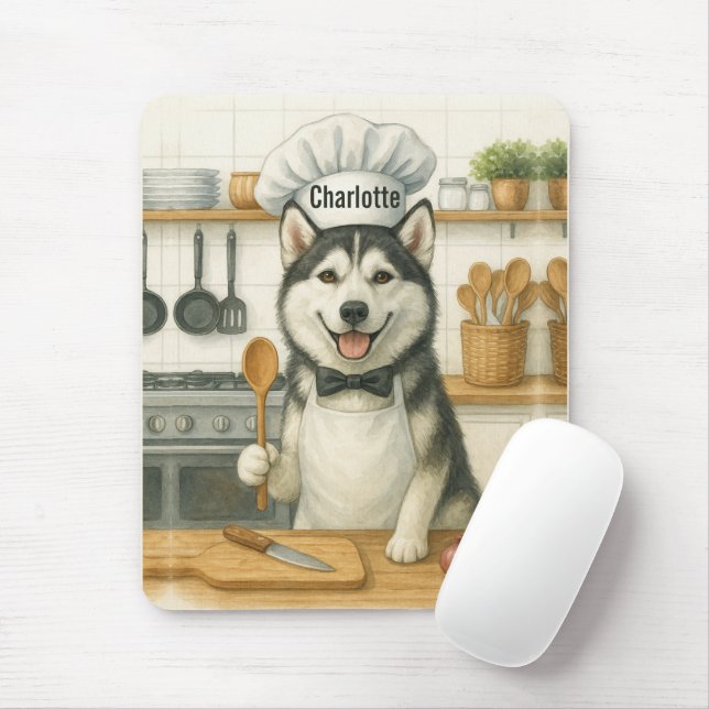 Personalized Name Funny Siberian Husky Dog Chef Mouse Mat (With Mouse)